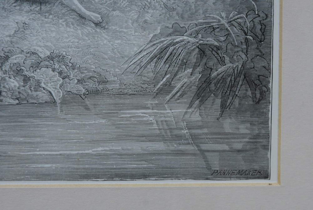 A framed 19th-century monochrome wood engraving depicting Adam and Eve in a dense forest setting, encased in a gilded wooden frame with a wide cream mount. View IV
