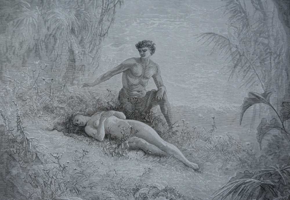 A framed 19th-century monochrome wood engraving depicting Adam and Eve in a dense forest setting, encased in a gilded wooden frame with a wide cream mount. View V