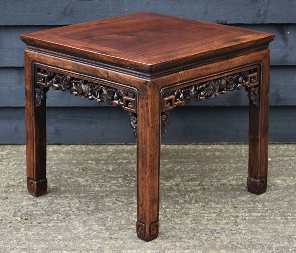 A square 19th-century Chinese rosewood low table featuring openwork carved aprons, straight legs, and scroll feet against a grey background.