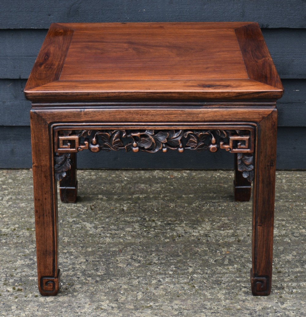 A square 19th-century Chinese rosewood low table featuring openwork carved aprons, straight legs, and scroll feet against a grey background. View II