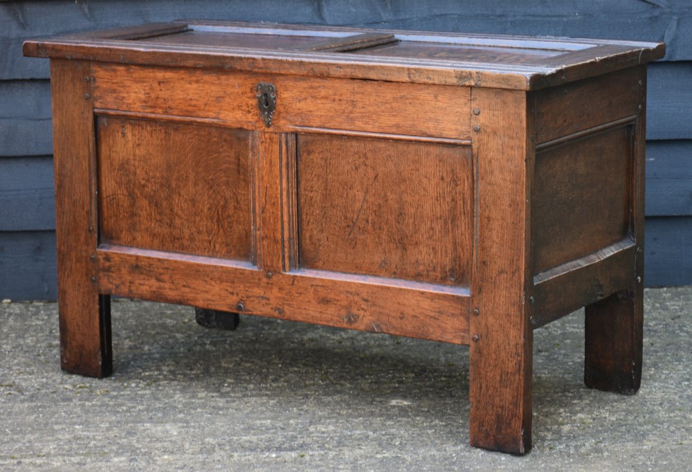 A seventeenth-century oak coffer featuring a twin-panelled front, moulded lid, stile legs, and a central iron keyhole escutcheon. View III