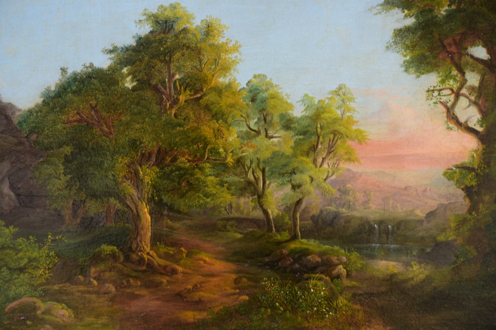 A 19th-century oil painting on board depicting a leafy woodland landscape with a path and distant hills, housed within a moulded gilt frame. View II
