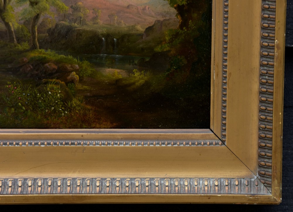A 19th-century oil painting on board depicting a leafy woodland landscape with a path and distant hills, housed within a moulded gilt frame. View III