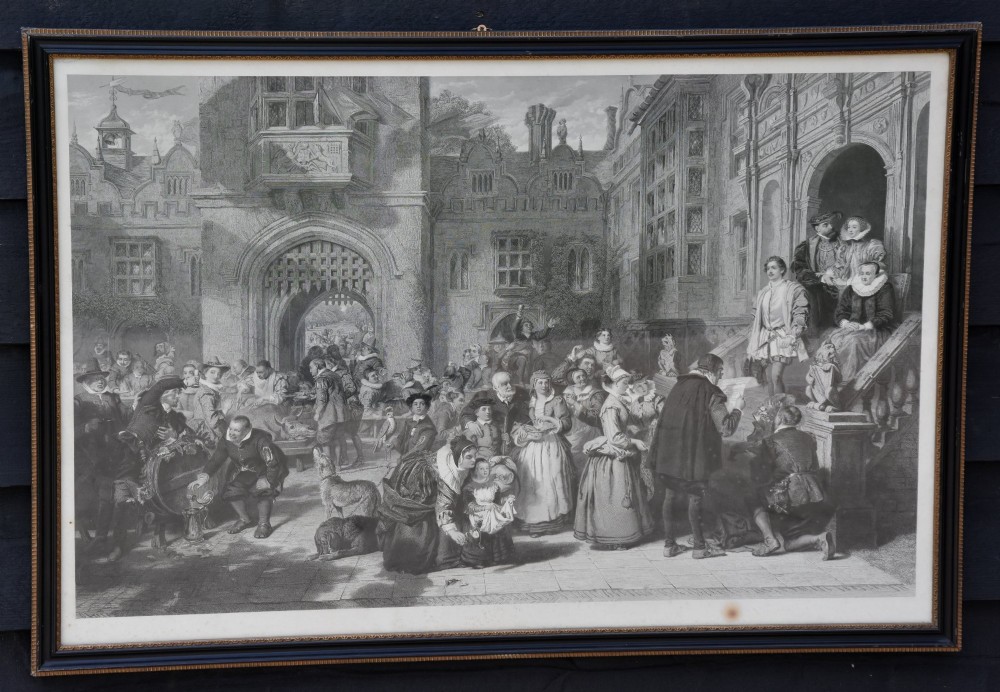 A large 19th-century monochrome engraving depicting a crowded historic courtyard scene inside a black Hogarth frame.