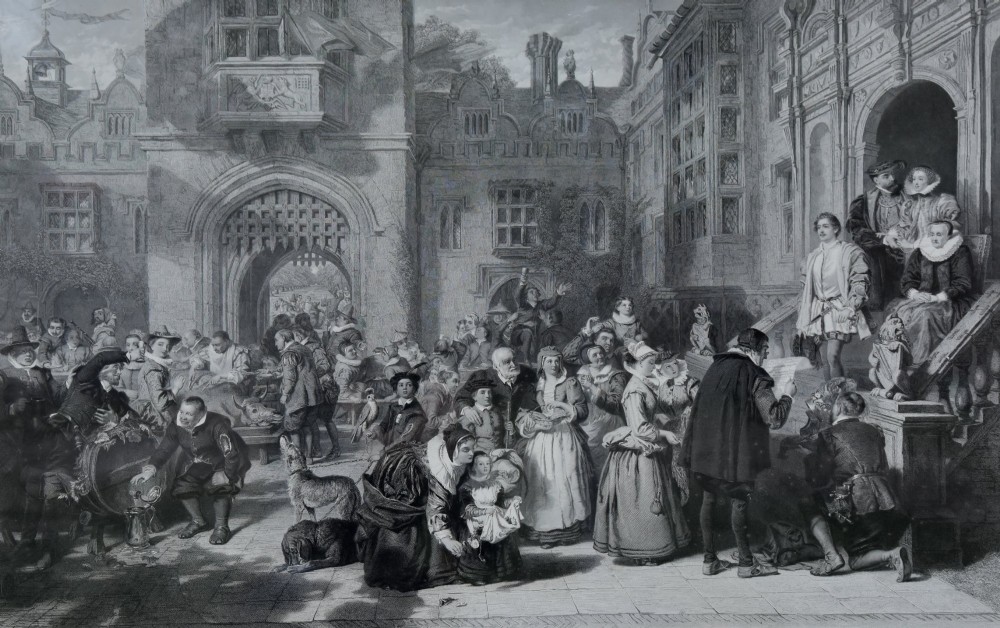 A large 19th-century monochrome engraving depicting a crowded historic courtyard scene inside a black Hogarth frame. View II