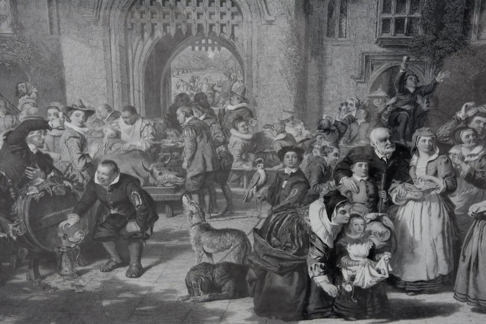 A large 19th-century monochrome engraving depicting a crowded historic courtyard scene inside a black Hogarth frame. View III