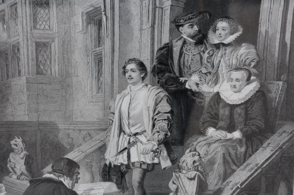 A large 19th-century monochrome engraving depicting a crowded historic courtyard scene inside a black Hogarth frame. View IV