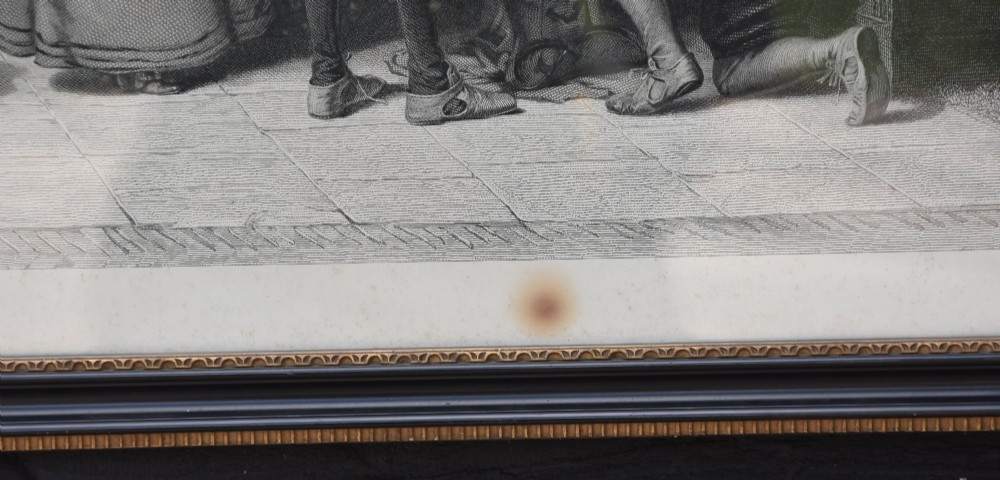 A large 19th-century monochrome engraving depicting a crowded historic courtyard scene inside a black Hogarth frame. View VII