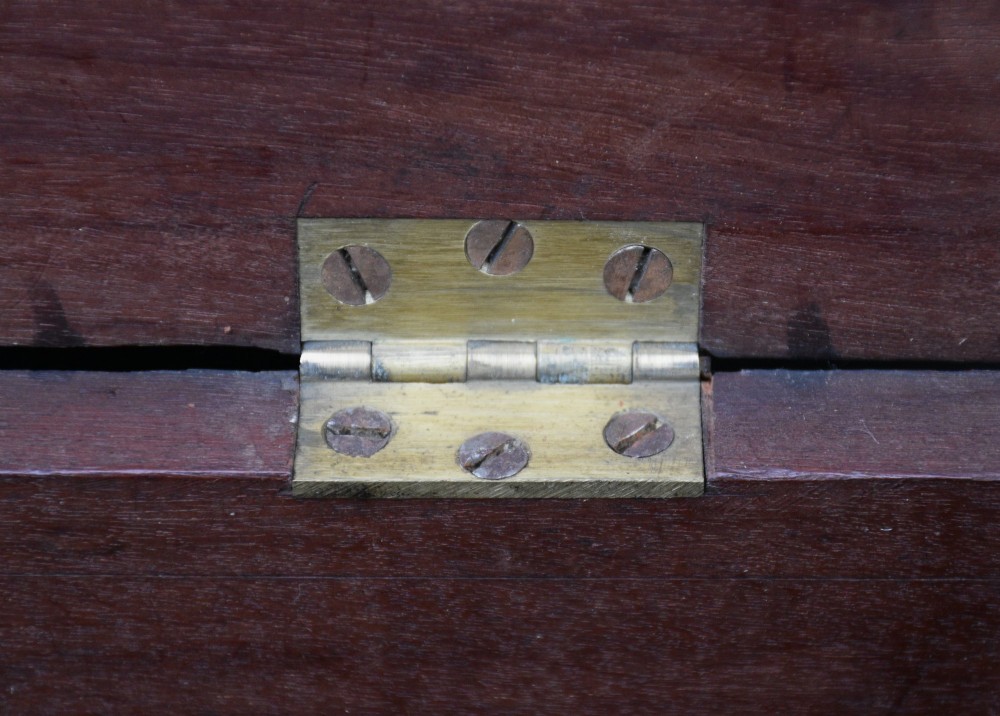 A Georgian mahogany travelling chest featuring side brass carrying handles, an escutcheon lock, and raised bracket feet. View VI