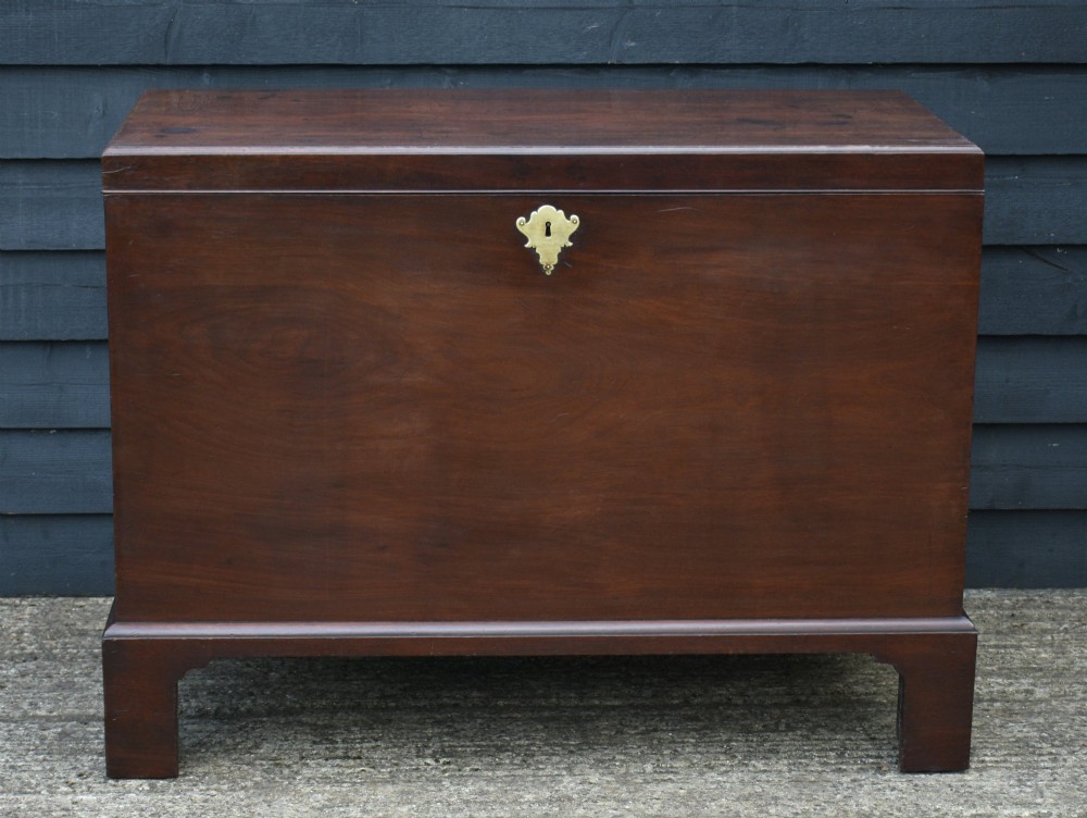 A Georgian mahogany travelling chest featuring side brass carrying handles, an escutcheon lock, and raised bracket feet. View XV