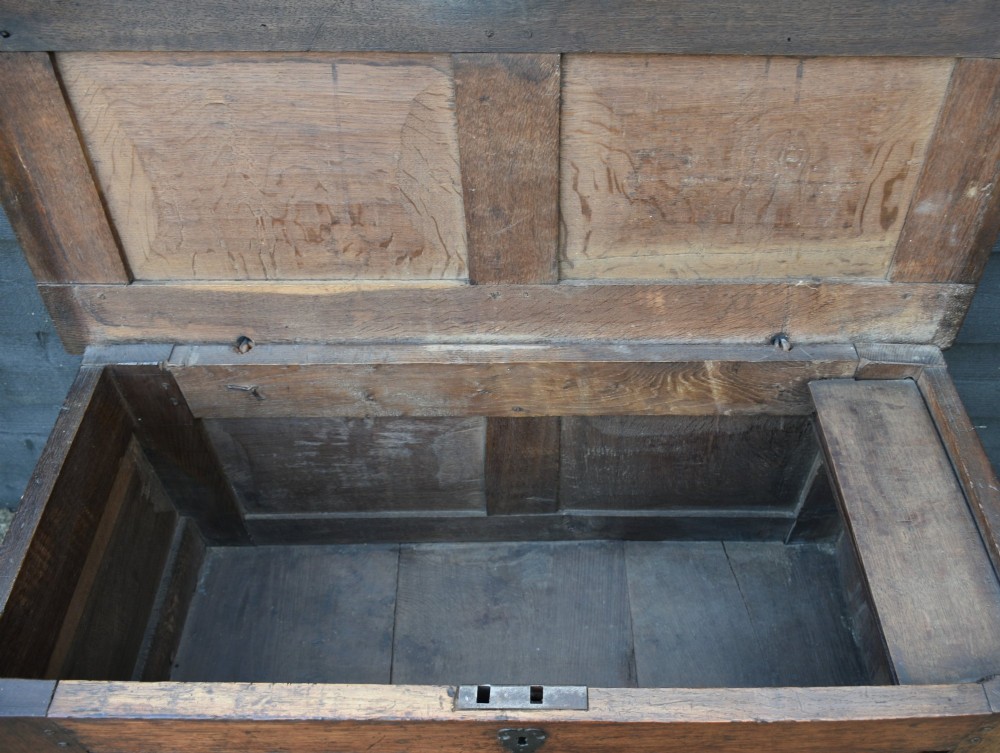 A seventeenth-century dark oak coffer box featuring a panelled front, iron keyhole escutcheon, and square stile legs. View X