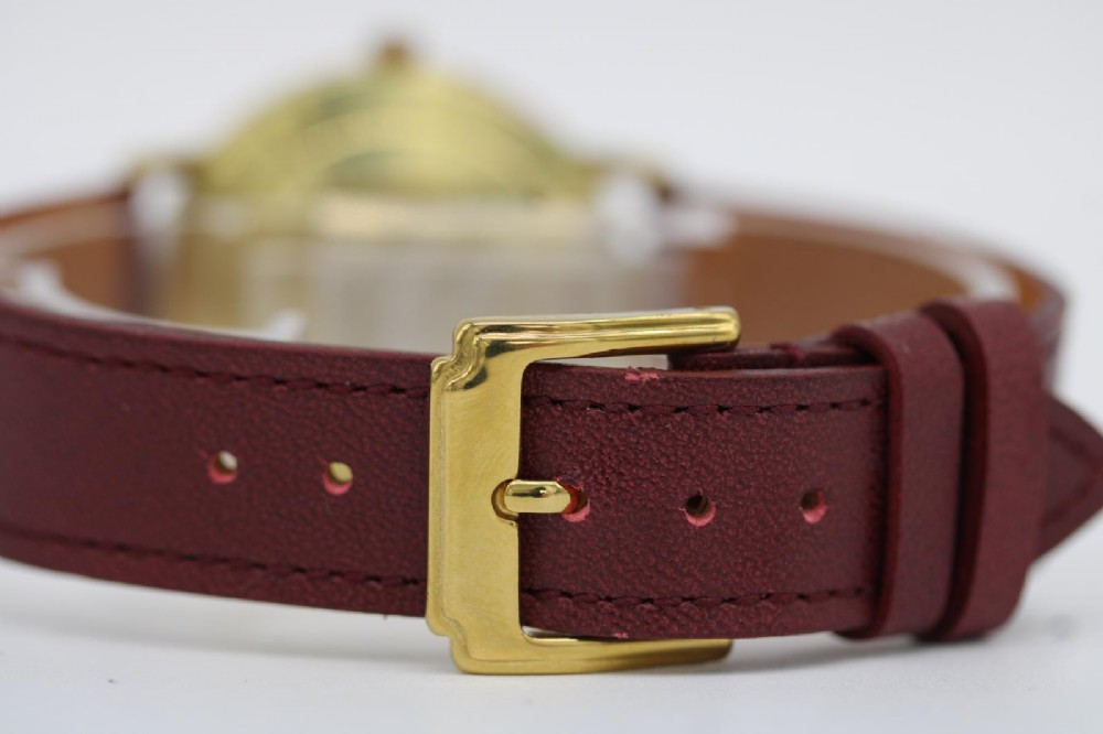 A circular vintage Bucherer gold-plated automatic wristwatch featuring a silver dial, gold hour indices, a date aperture at three oclock, and a burgundy leather strap. View V