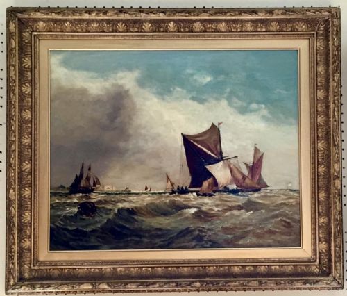 thomas bush hardy barges in the thames estuary oil painting - CATEGORY: ANTIQUE ART - DATED VICTORIAN