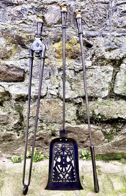 a set of early 19th century steel fire irons - CATEGORY: ANTIQUE FIREPLACES - DATED REGENCY