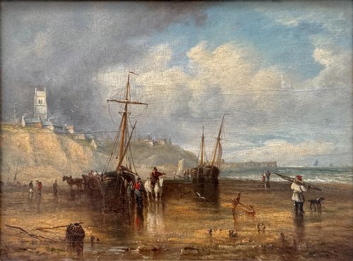 fig 1. A 19th-century oil painting depicting a coastal seascape with figures, horses, and boats on a shoreline below cliffs, set within a wide timber frame with a gilded inner slip.
