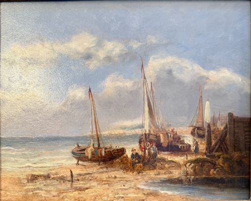 fig 1. A nineteenth-century coastal oil painting depicting figures and fishing boats on a sandy shore under a cloudy sky, presented in a moulded gold frame.