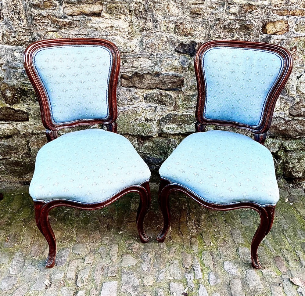 A set of four mid-19th century Louis XV style dining chairs featuring carved dark wood frames, cabriole legs, and light blue patterned fabric upholstery. View III