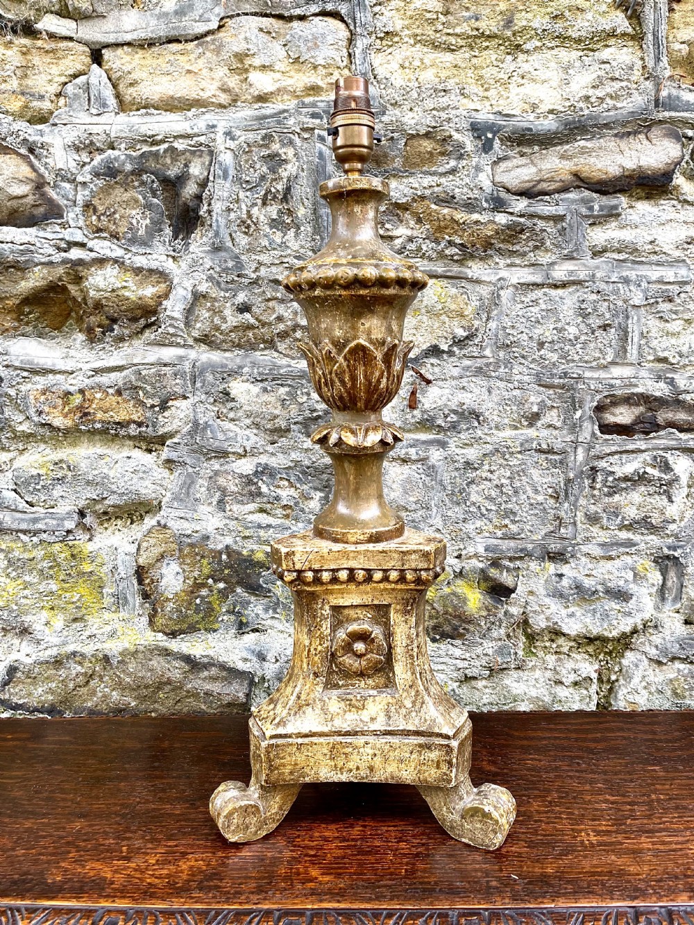 An 18th century Italian painted altar candlestick table lamp