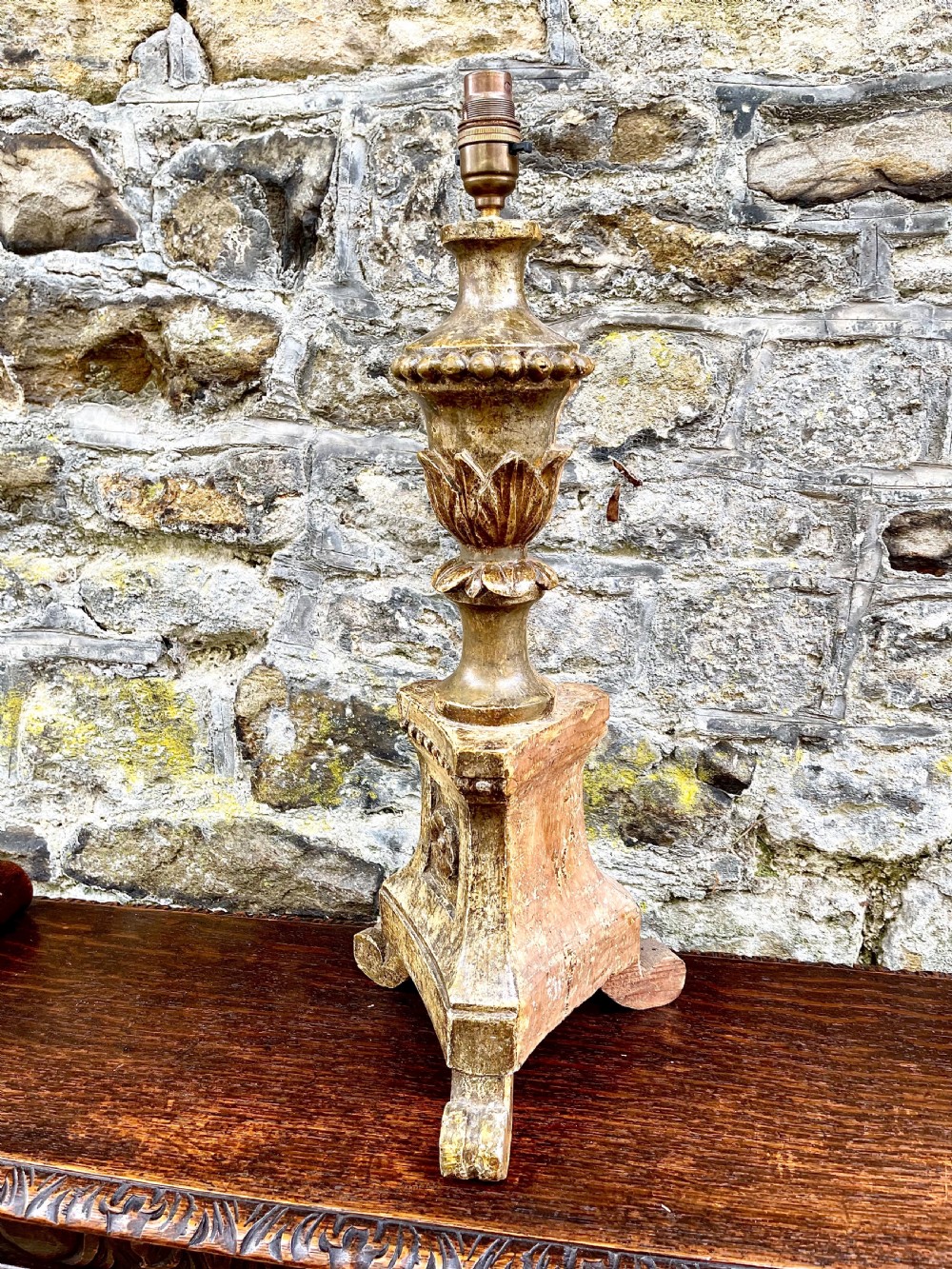 An 18th century Italian painted altar candlestick table lamp View II