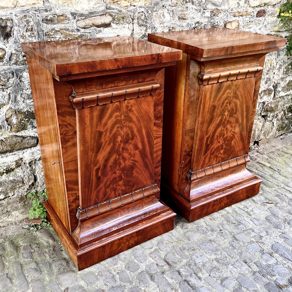 A pair of George IV flame mahogany pedestal cupboards featuring carved mouldings and plinth bases. View II