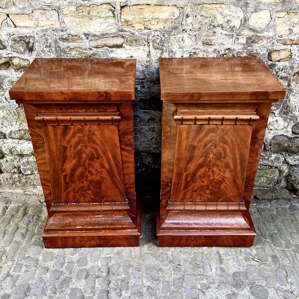 A pair of George IV flame mahogany pedestal cupboards featuring carved mouldings and plinth bases. View V