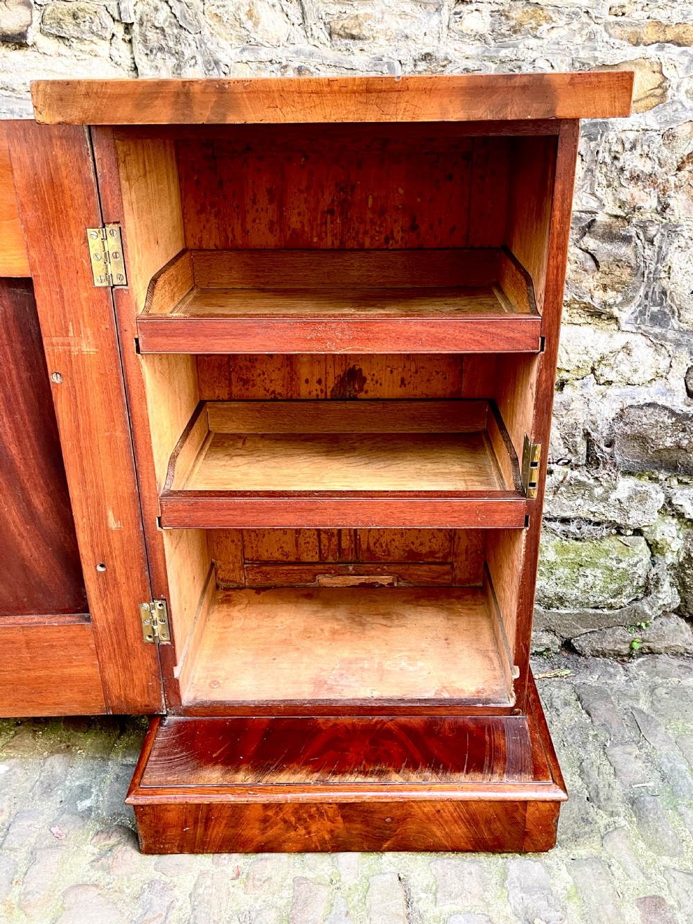 A pair of George IV flame mahogany pedestal cupboards featuring carved mouldings and plinth bases. View VIII