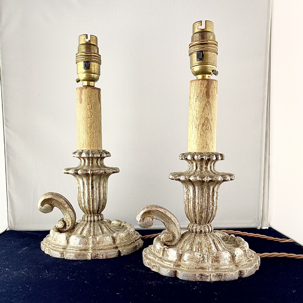 A Pair of early 20th Century Italian Silvered Wood Bedside Lamps View II