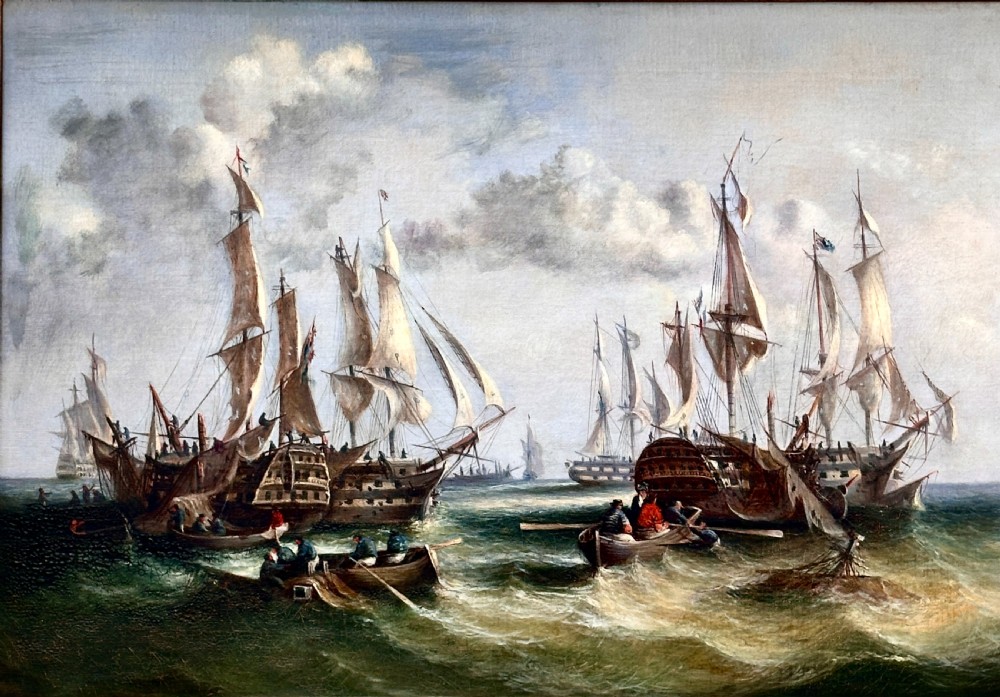An early 19th-century marine oil painting featuring tall sailing ships in choppy seas after a battle, enclosed in an ornate gilded frame. View III