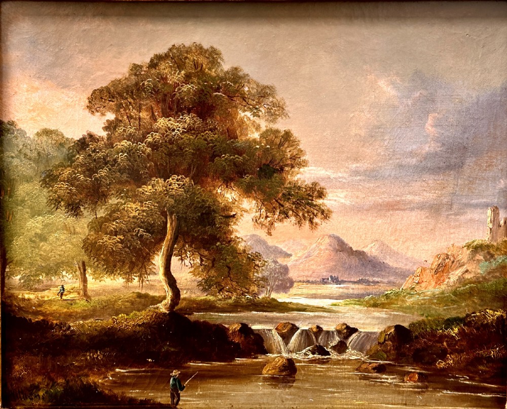 An early 19th-century English oil painting depicting a river landscape with a waterfall and mountains, set in a carved gilt frame. View II