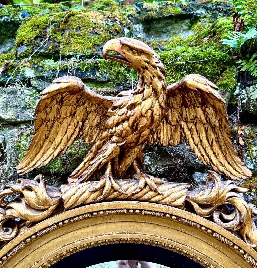 A circular Regency giltwood convex mirror topped with a carved eagle crest and framed with an ebonised inner ring. View IV