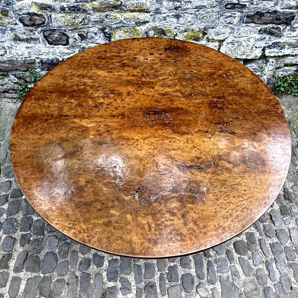 A circular George III burr yew wood pedestal centre table shown tilted vertically on downswept legs with brass castors. View X