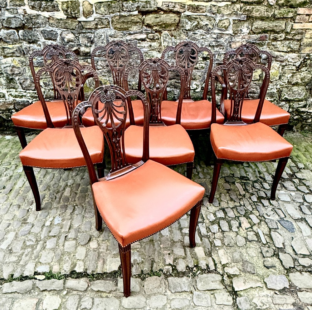 A set of eight carved mahogany dining chairs featuring openwork shield backs and terracotta leather seats secured with brass studs.