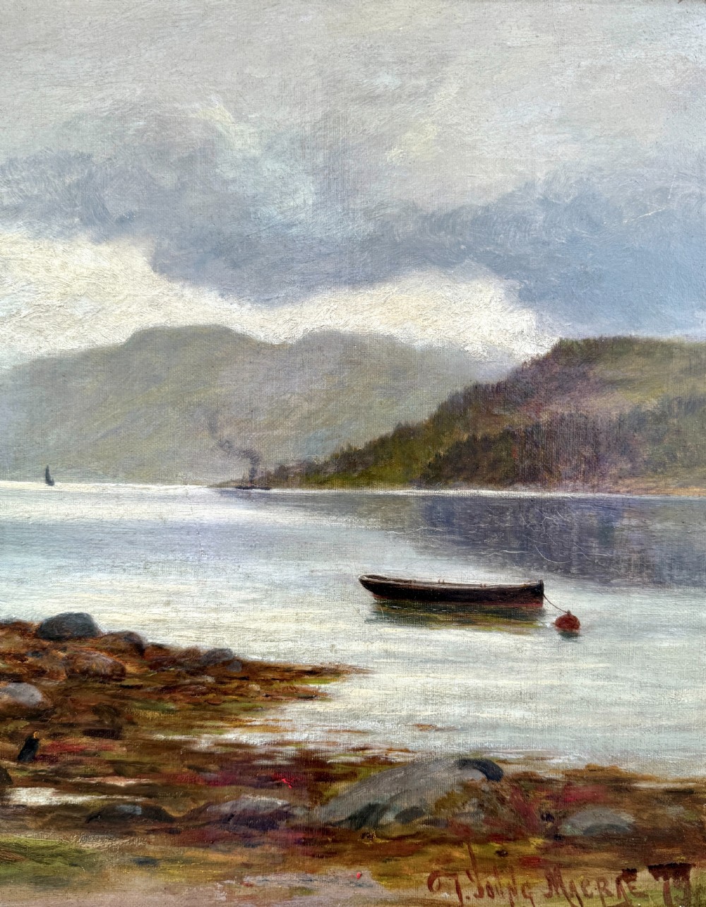 A Victorian oil painting depicting a calm Scottish loch with trees, rocky shorelines, and distant hills set inside a heavy moulded gilt wood frame. View IV