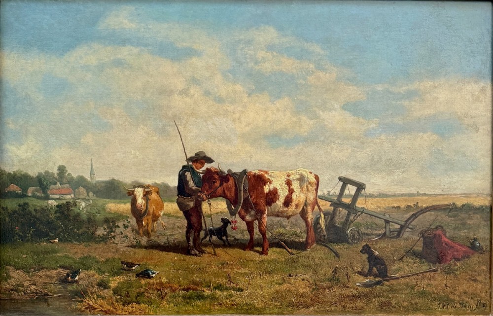 A 19th-century oil painting on canvas depicting a farmer tending to harnessed cattle in a open pastoral field, framed in ornate gilded wood. View II