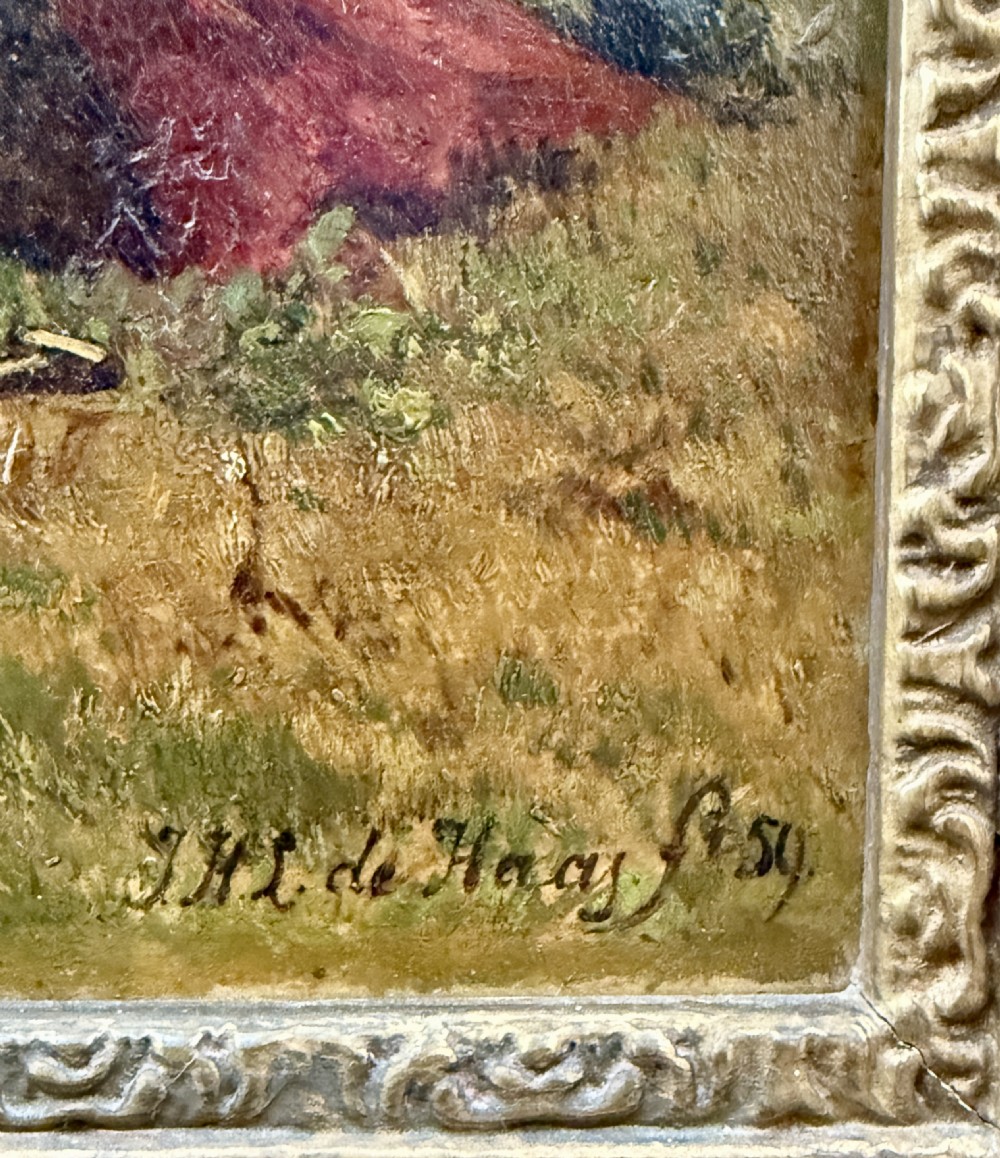A 19th-century oil painting on canvas depicting a farmer tending to harnessed cattle in a open pastoral field, framed in ornate gilded wood. View III