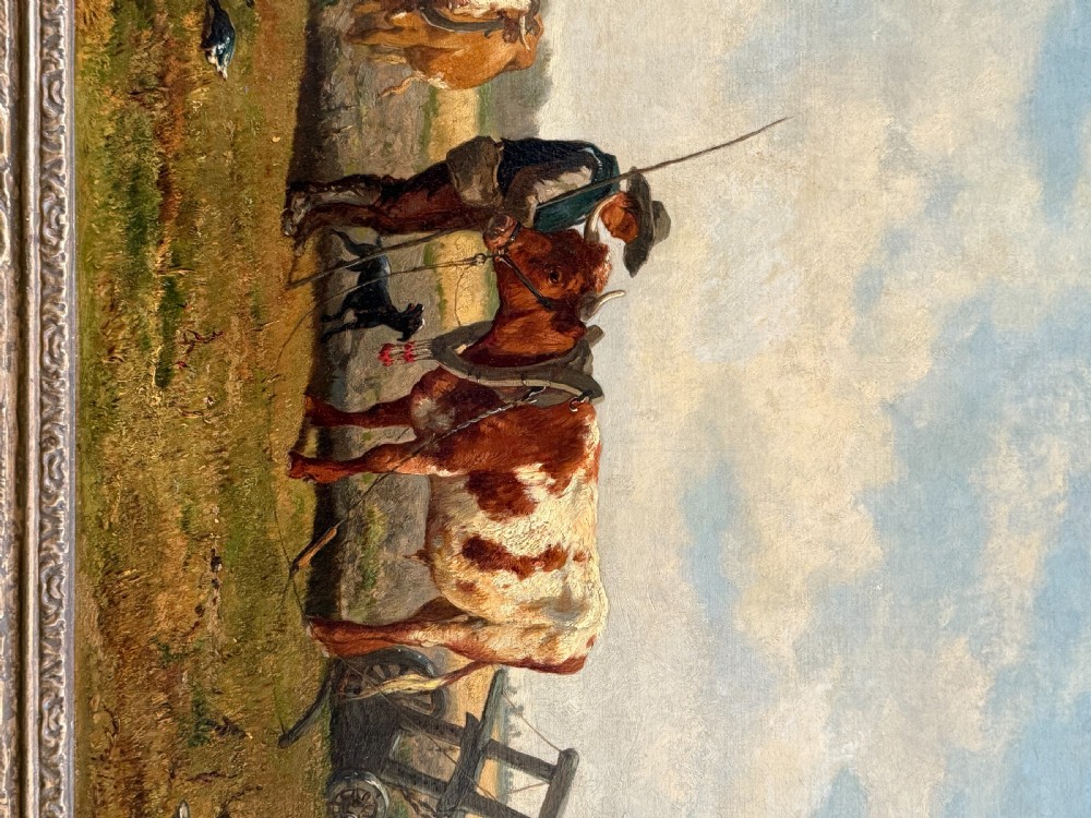 A 19th-century oil painting on canvas depicting a farmer tending to harnessed cattle in a open pastoral field, framed in ornate gilded wood. View IV