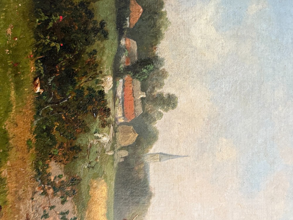 A 19th-century oil painting on canvas depicting a farmer tending to harnessed cattle in a open pastoral field, framed in ornate gilded wood. View V