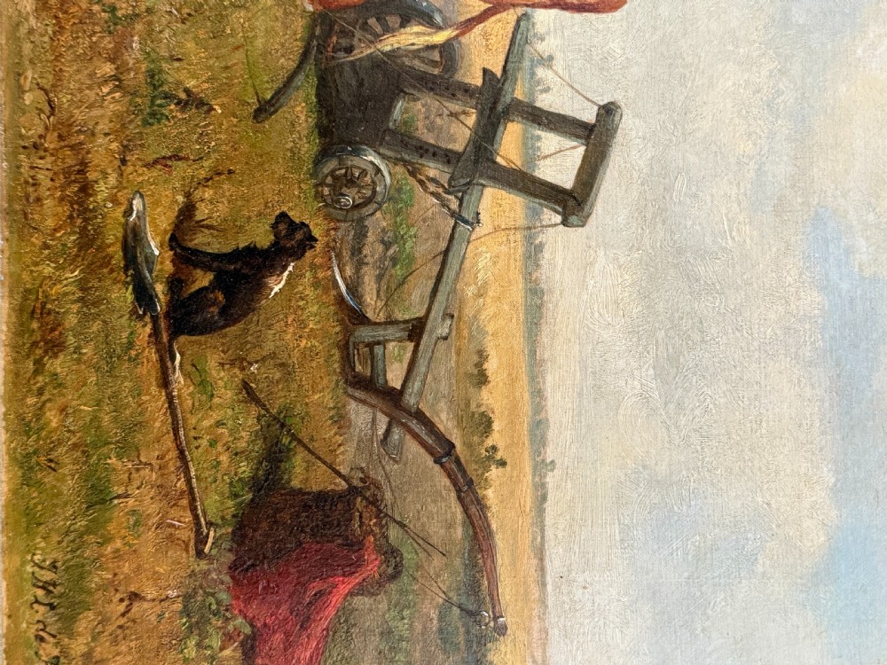 A 19th-century oil painting on canvas depicting a farmer tending to harnessed cattle in a open pastoral field, framed in ornate gilded wood. View VI