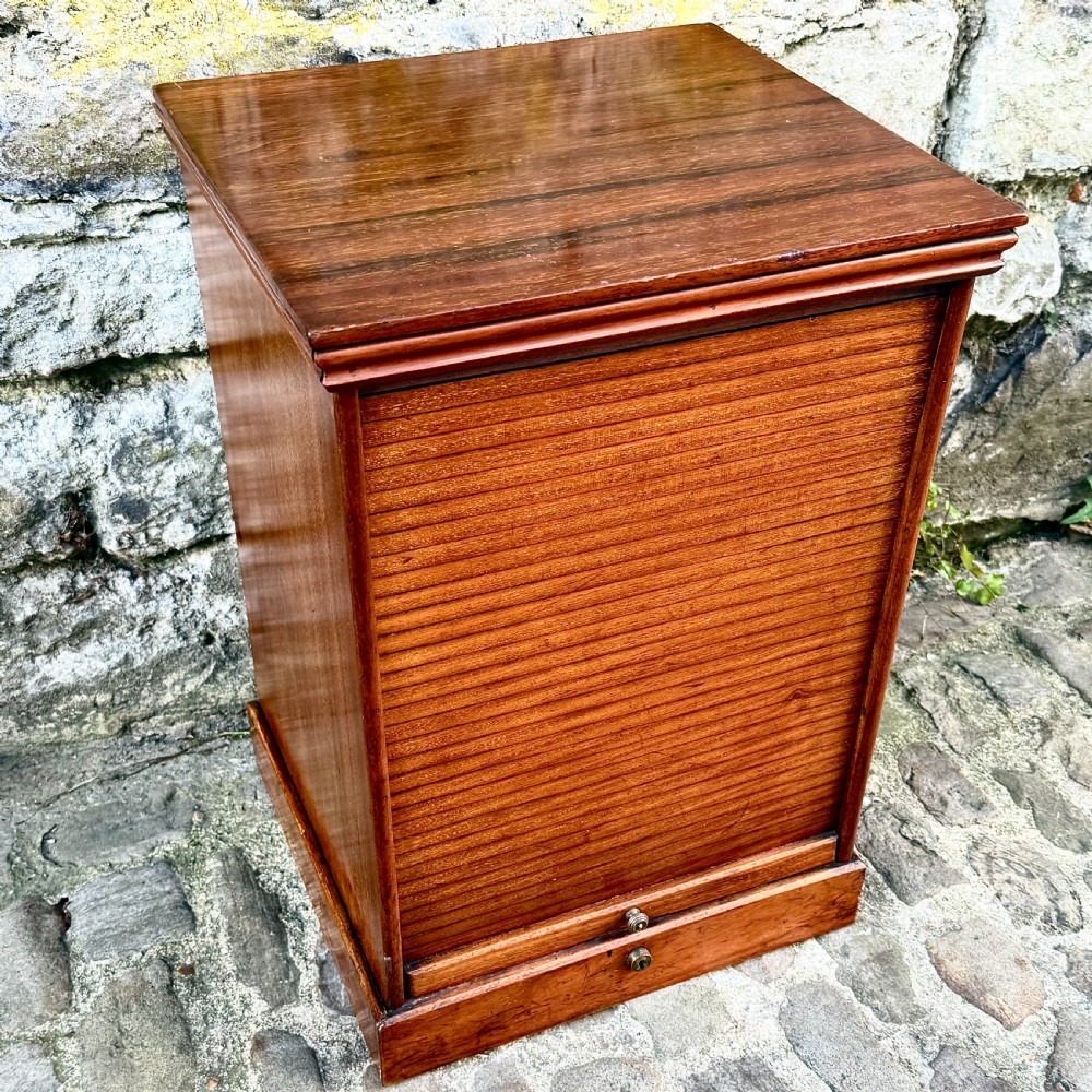 A late 19th-century rosewood filing cabinet featuring a slatted tambour shutter front and a lower drawer with brass keyhole escutcheons. View III