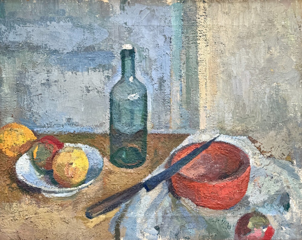 An early twentieth-century post-impressionist oil painting depicting a tabletop still life with a glass bottle, fruit, and a red bowl, enclosed within a carved swept gilt frame. View III