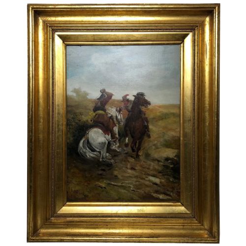 victorian oil painting cavalier roundhead horseback sword skirmish - CATEGORY: ANTIQUE ART - DATED VICTORIAN