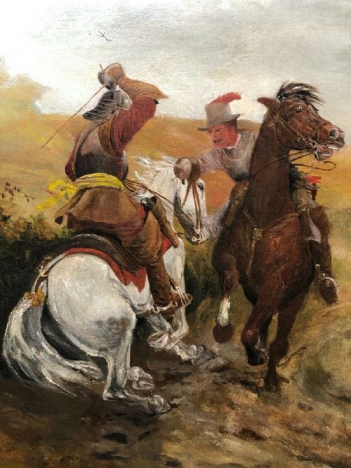 VICTORIAN OIL PAINTING CAVALIER ROUNDHEAD HORSEBACK SWORD SKIRMISH - ADDITIONAL PHOTO 1