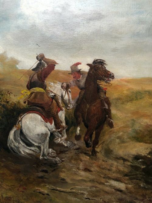 VICTORIAN OIL PAINTING CAVALIER ROUNDHEAD HORSEBACK SWORD SKIRMISH - ADDITIONAL PHOTO 3
