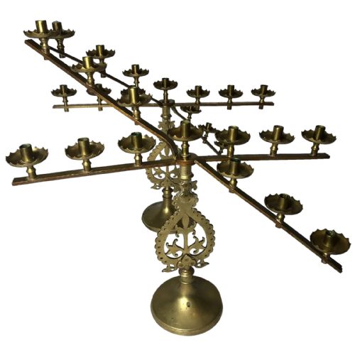 pair fine french brass fleur de lis 19th alter 13 branch candlesticks - CATEGORY: ANTIQUE LIGHTING - DATED 19TH CENTURY