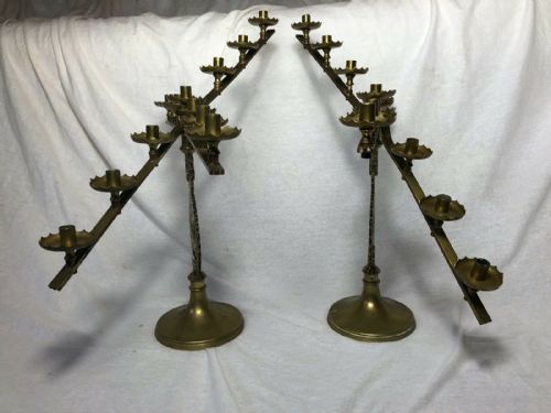 PAIR FINE FRENCH BRASS FLEUR DE LIS 19TH ALTER 13 BRANCH CANDLESTICKS - ADDITIONAL PHOTO 5