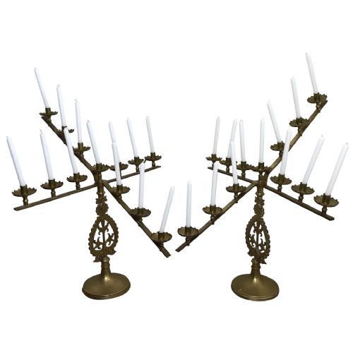PAIR FINE FRENCH BRASS FLEUR DE LIS 19TH ALTER 13 BRANCH CANDLESTICKS - ADDITIONAL PHOTO 12