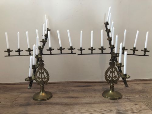 PAIR FINE FRENCH BRASS FLEUR DE LIS 19TH ALTER 13 BRANCH CANDLESTICKS - ADDITIONAL PHOTO 14