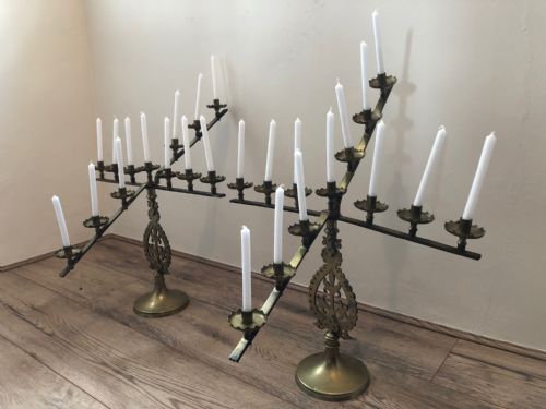 PAIR FINE FRENCH BRASS FLEUR DE LIS 19TH ALTER 13 BRANCH CANDLESTICKS - ADDITIONAL PHOTO 15