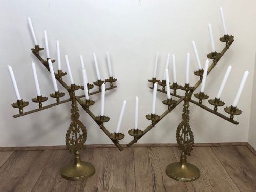 PAIR FINE FRENCH BRASS FLEUR DE LIS 19TH ALTER 13 BRANCH CANDLESTICKS - ADDITIONAL PHOTO 16