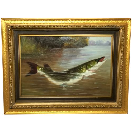 fine art sporting oil painting study pike fish rising from the river - CATEGORY: ANTIQUE ART - DATED 1960